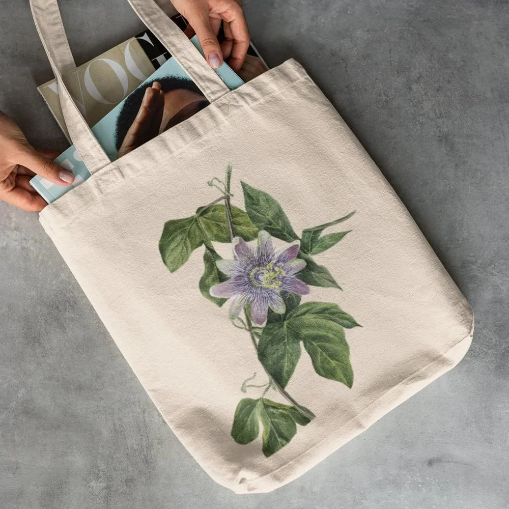 Purple Passion Flower Vintage Watercolor Floral Print Graphic Canvas Tote Bag